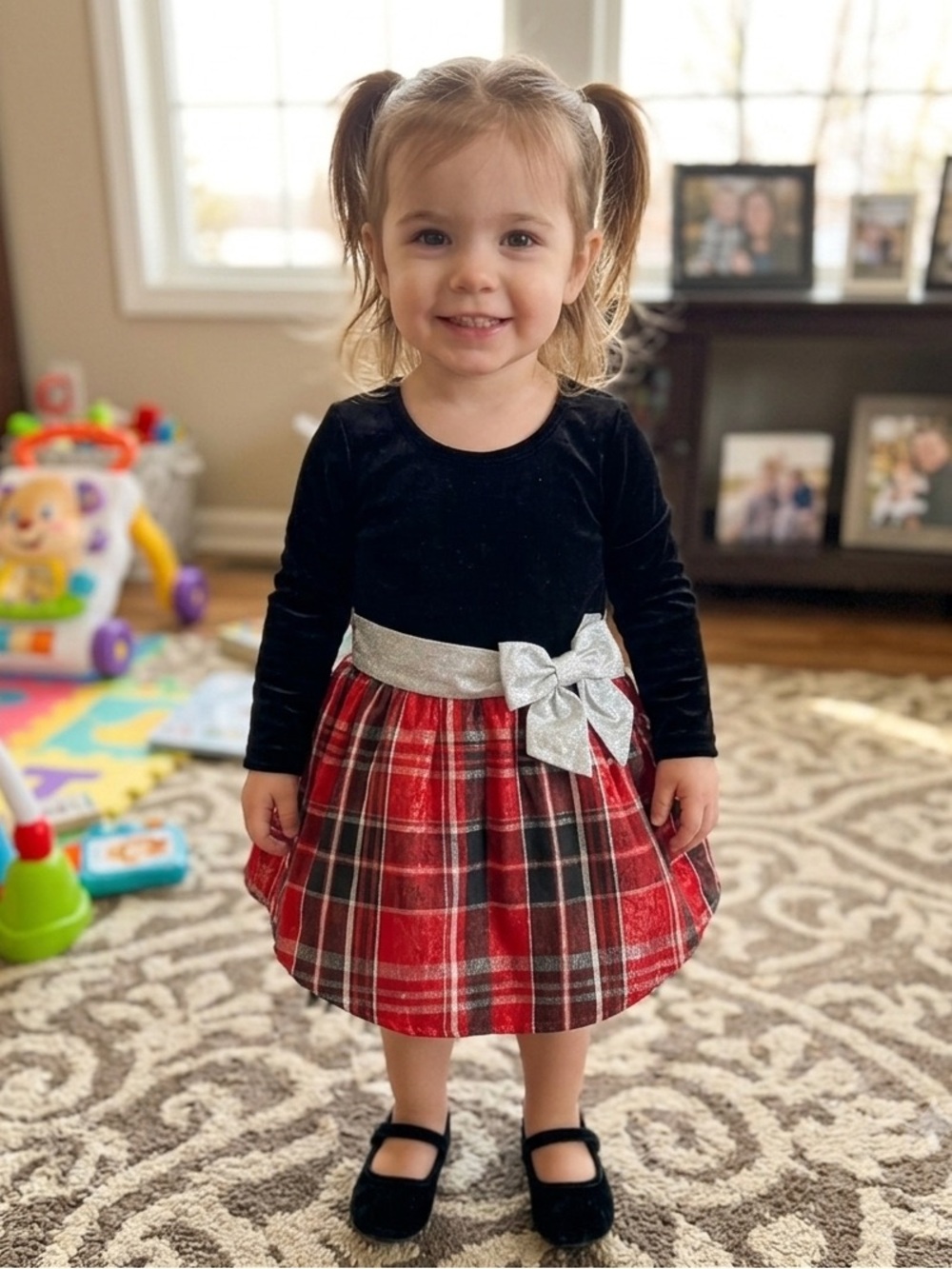 Girls Black Velvet Top with Red Plaid Skirt and Silver Bow Dress 2T